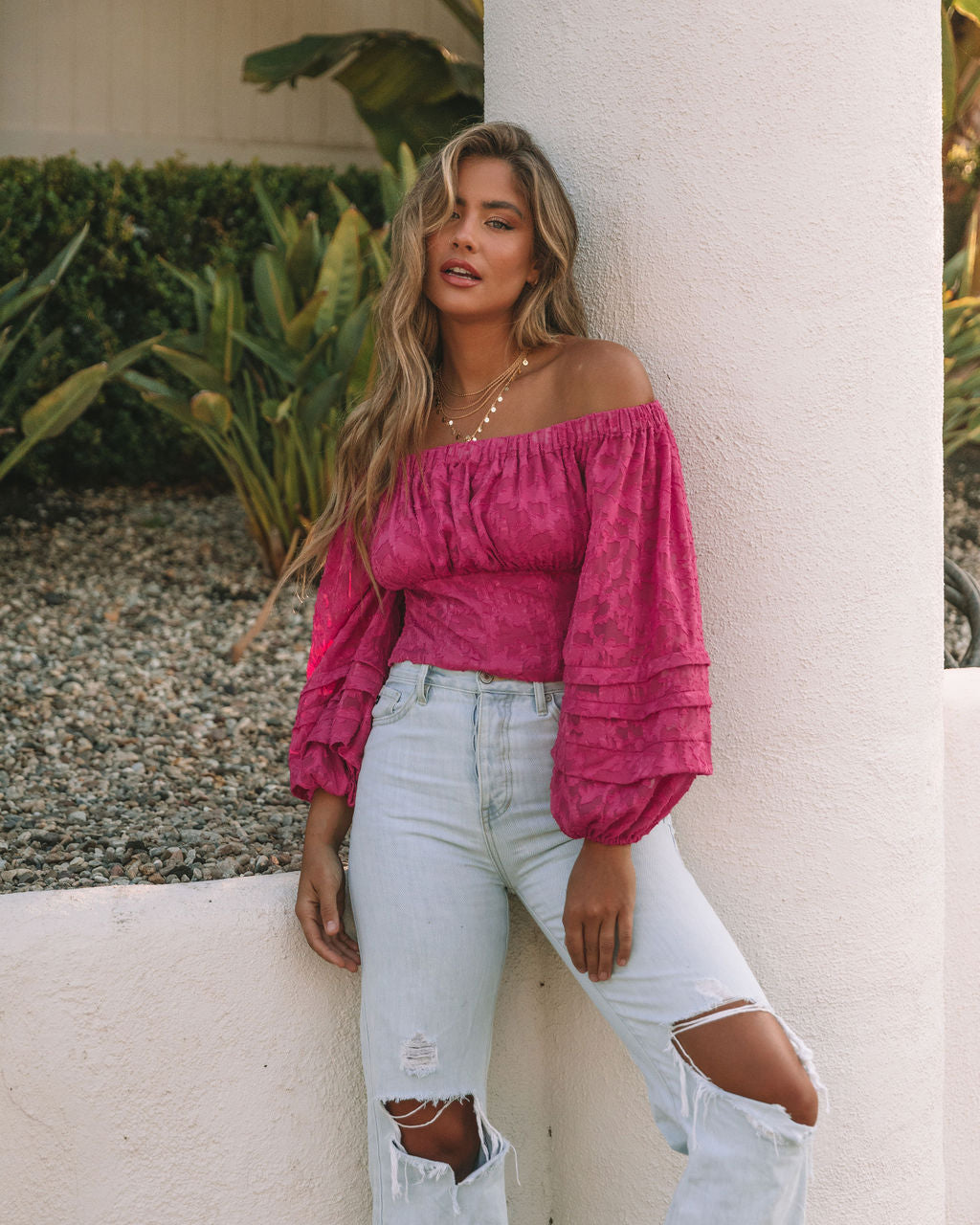 Nanette Textured Off The Shoulder Blouse - Magenta Oshnow