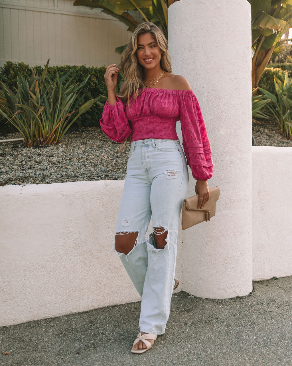 Nanette Textured Off The Shoulder Blouse - Magenta Oshnow