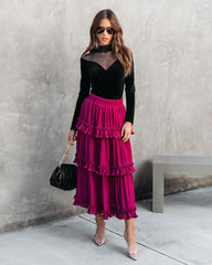 Nasreen Plisse Chiffon Tiered Maxi Skirt - Wine  - SALE Oshnow