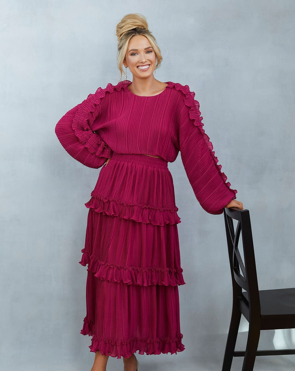 Nasreen Plisse Chiffon Tiered Maxi Skirt - Wine  - SALE Oshnow