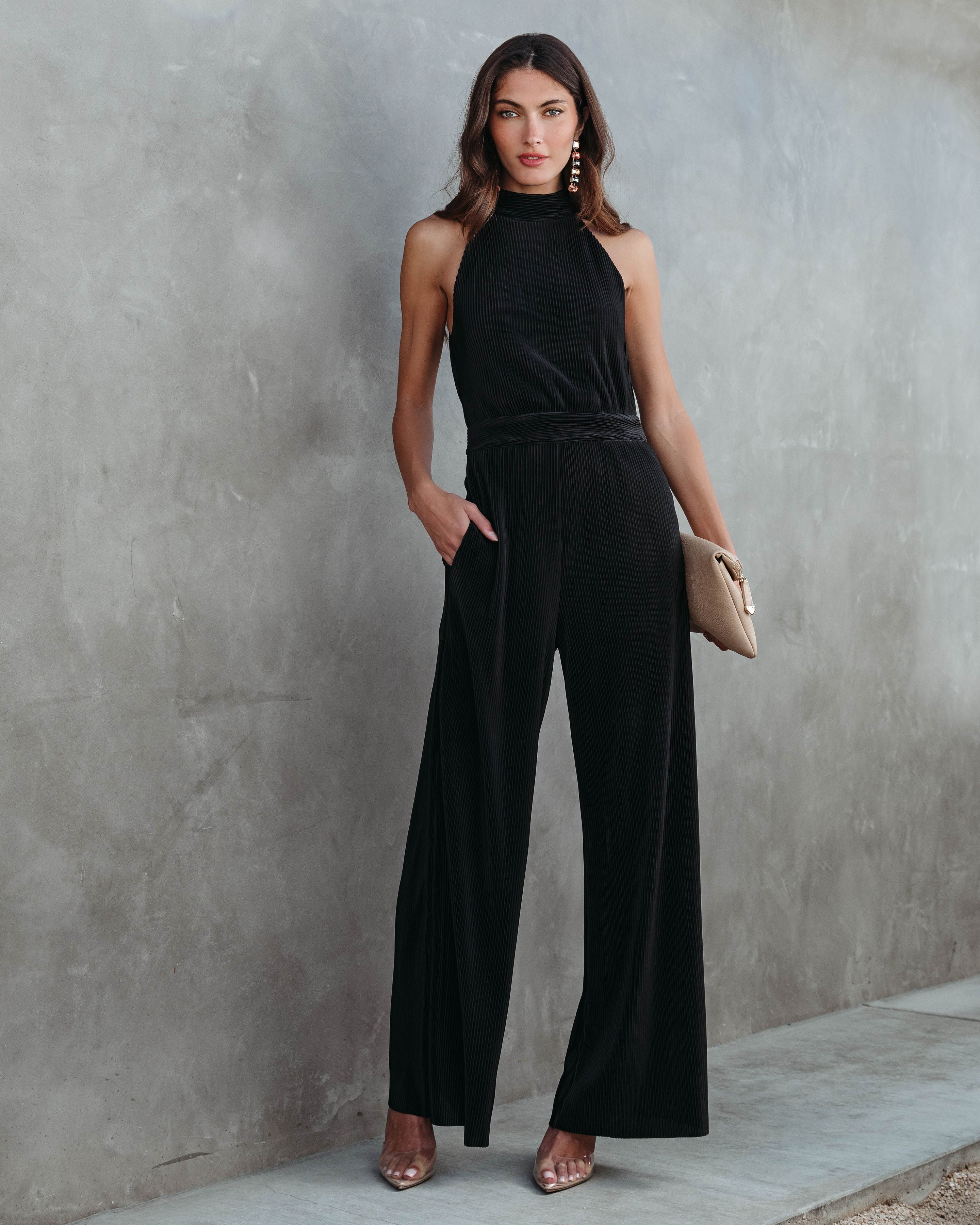 Naya Pocketed Plisse Jumpsuit - Black Oshnow