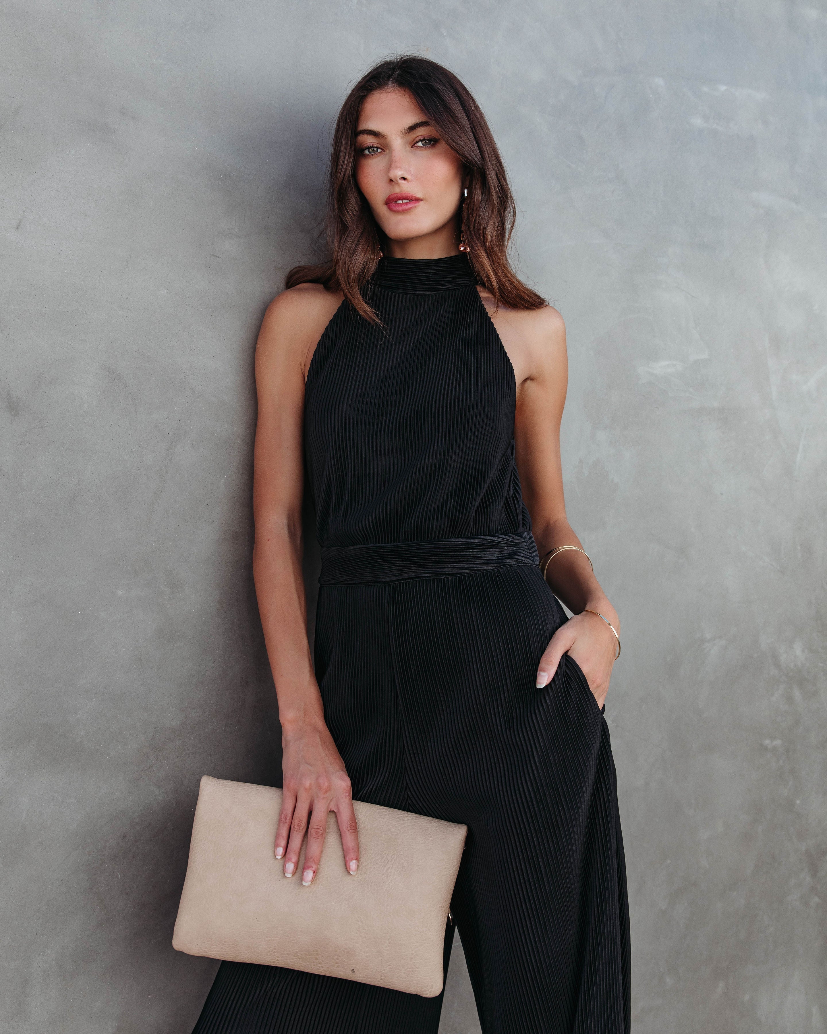 Naya Pocketed Plisse Jumpsuit - Black Oshnow