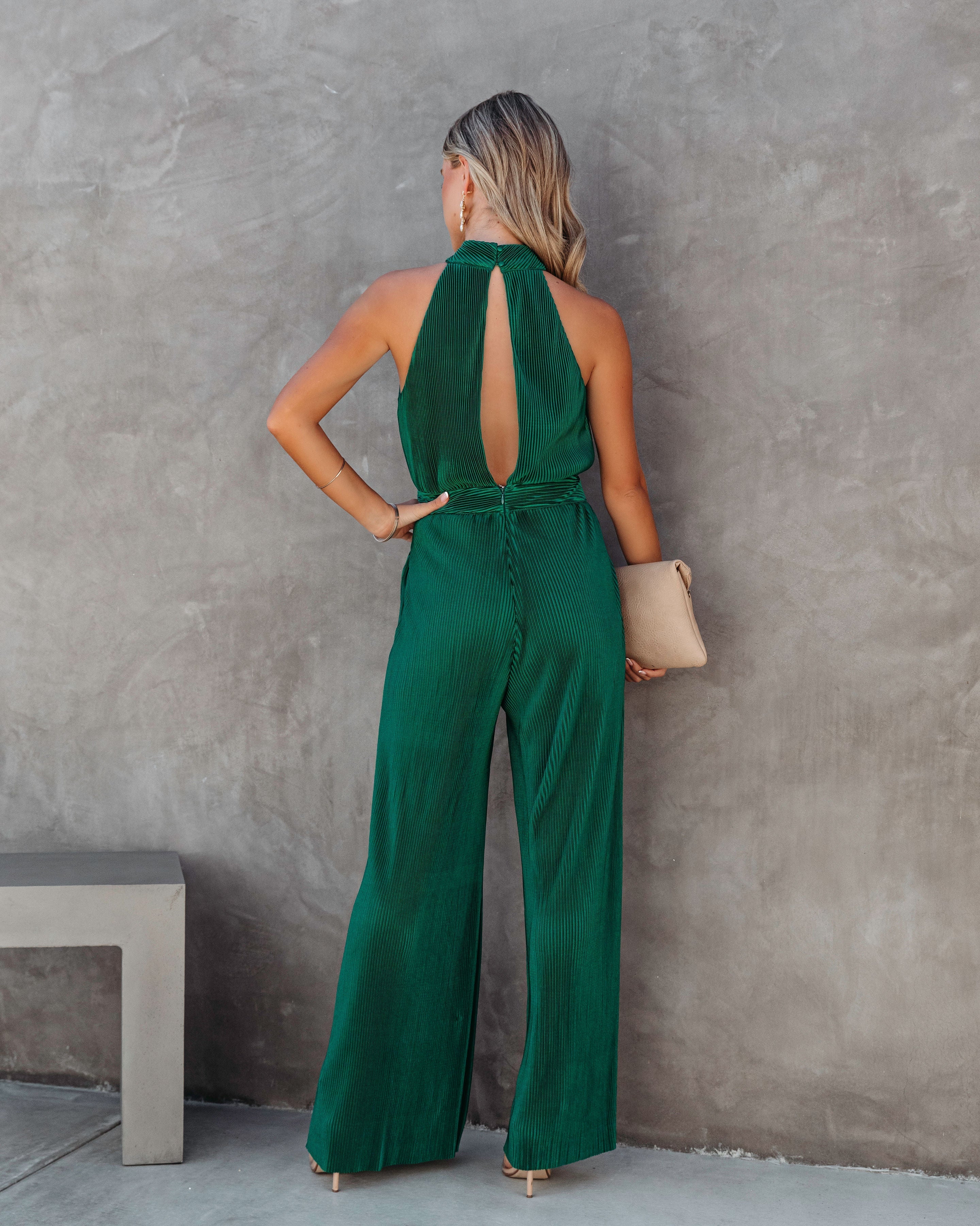 Naya Pocketed Plisse Jumpsuit - Hunter Green Oshnow