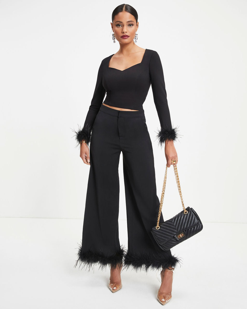 New Lover Feather Trim Pocketed Pants - Black Oshnow