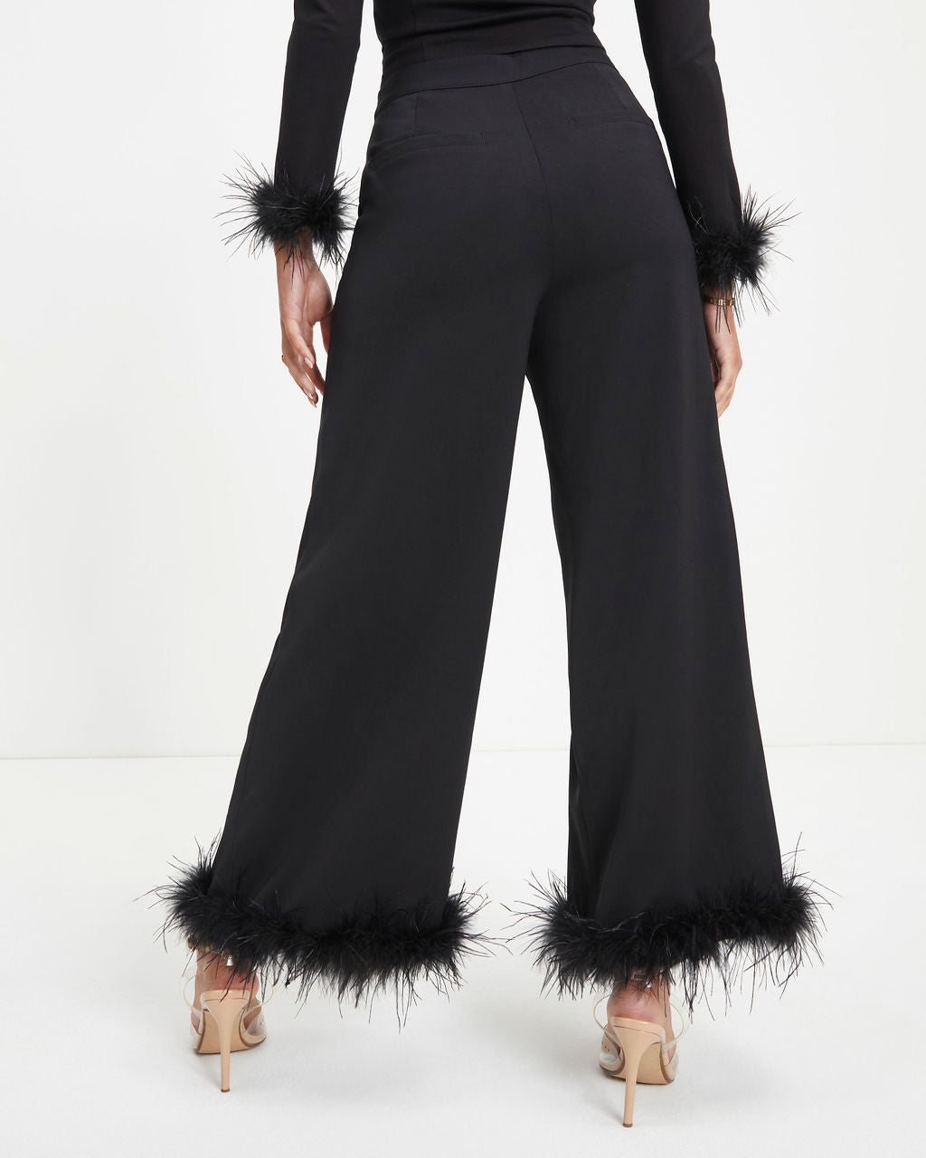 New Lover Feather Trim Pocketed Pants - Black Oshnow