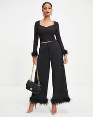 New Lover Feather Trim Pocketed Pants - Black Oshnow