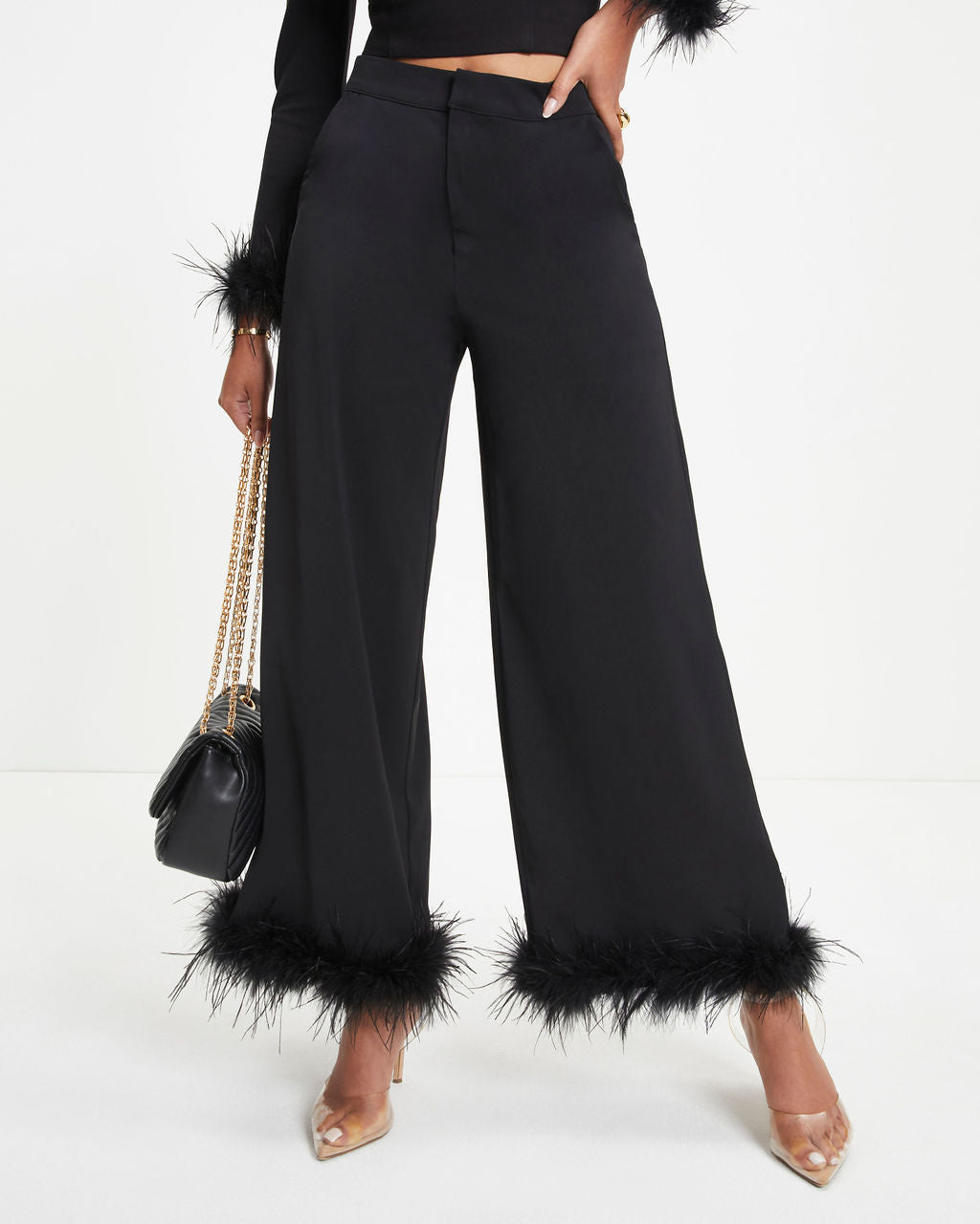 New Lover Feather Trim Pocketed Pants - Black Oshnow