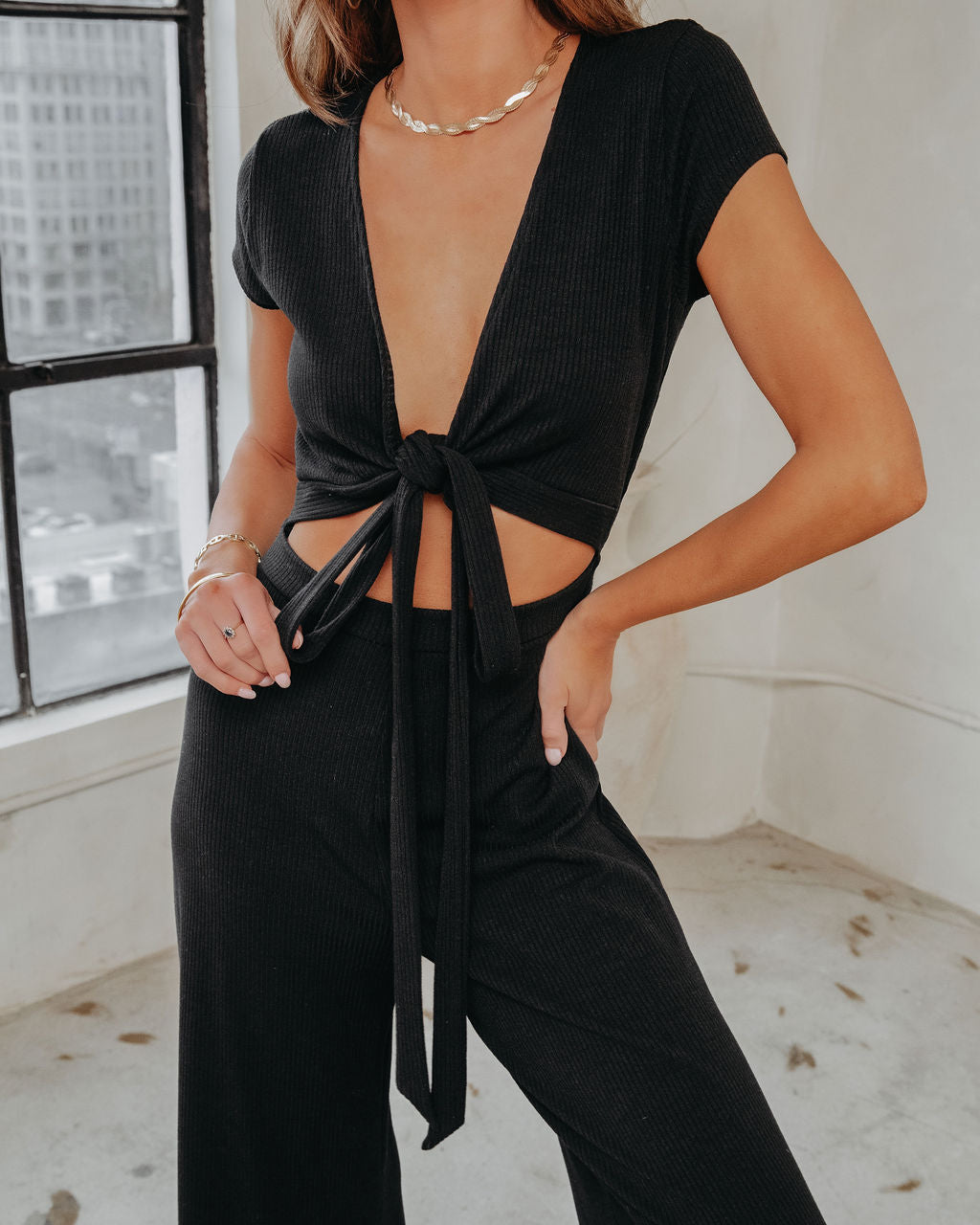 Nikki Ribbed Wrap Tie Jumpsuit - Black Oshnow