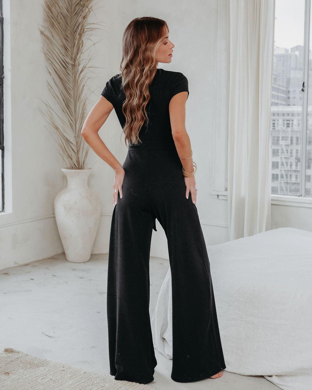 Nikki Ribbed Wrap Tie Jumpsuit - Black Oshnow