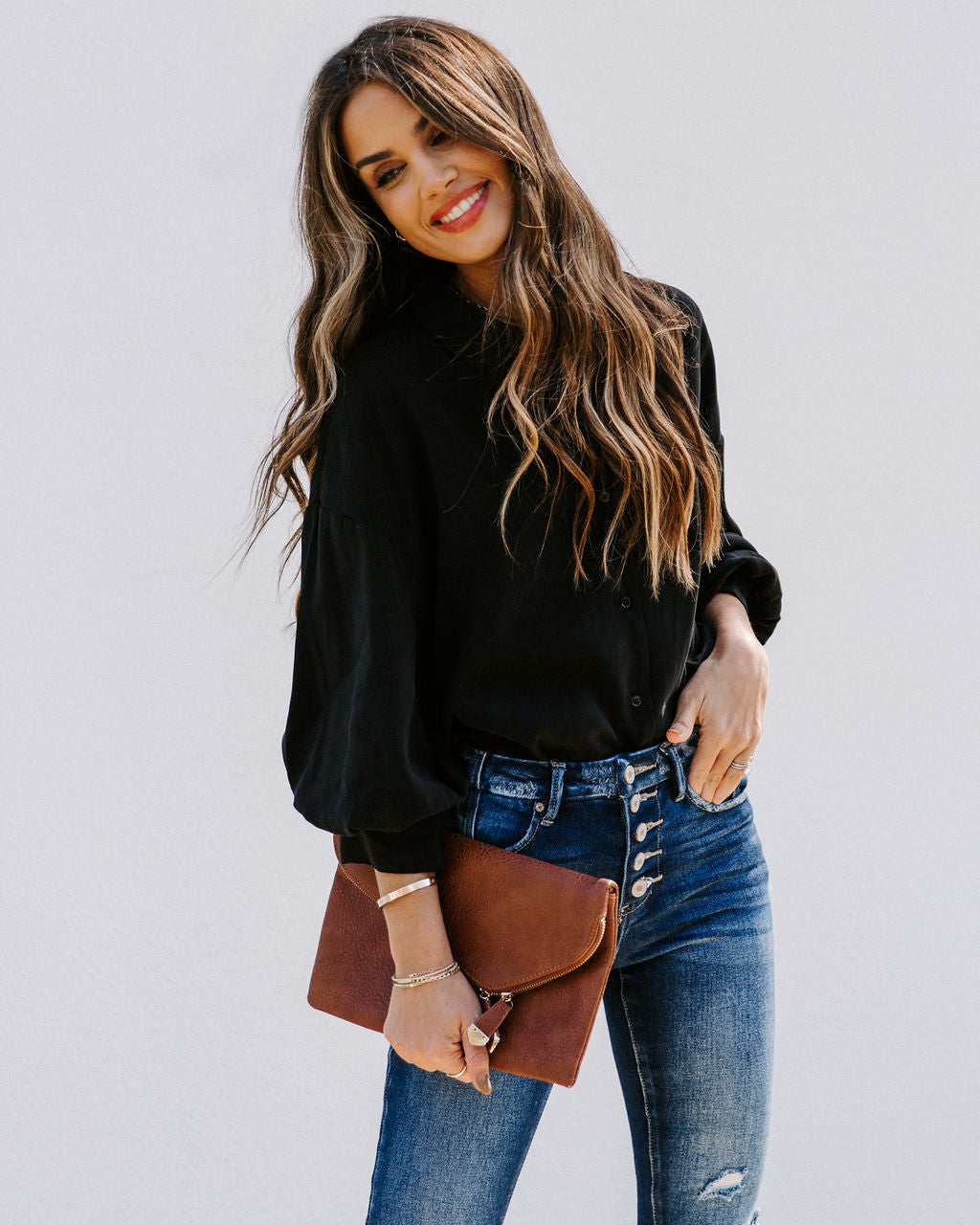 No Effort Puff Sleeve Button Down Blouse - Black Oshnow