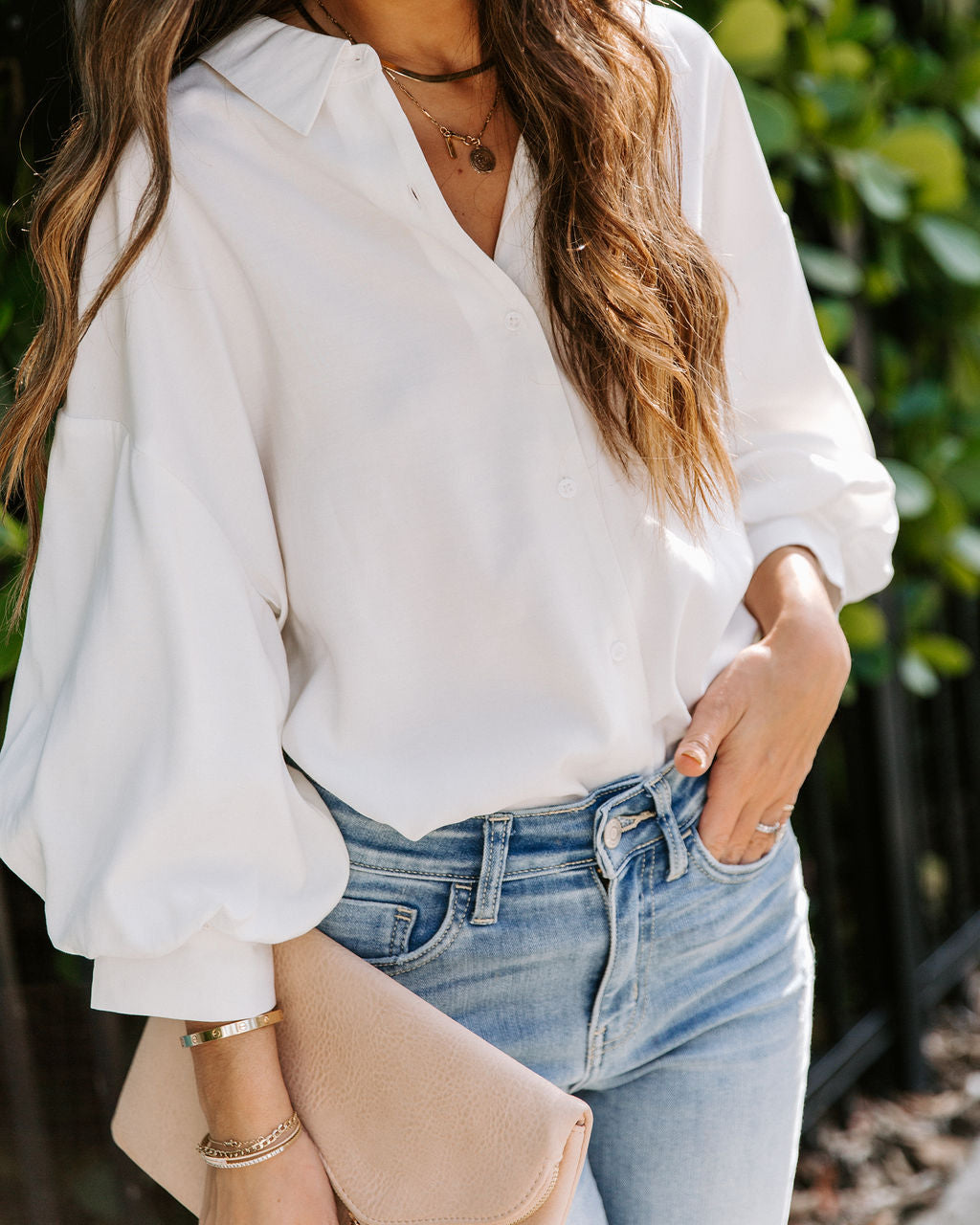 No Effort Puff Sleeve Button Down Blouse - White Oshnow