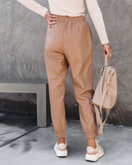 No Limitations Pocketed Faux Leather Jogger Pants - Camel Oshnow