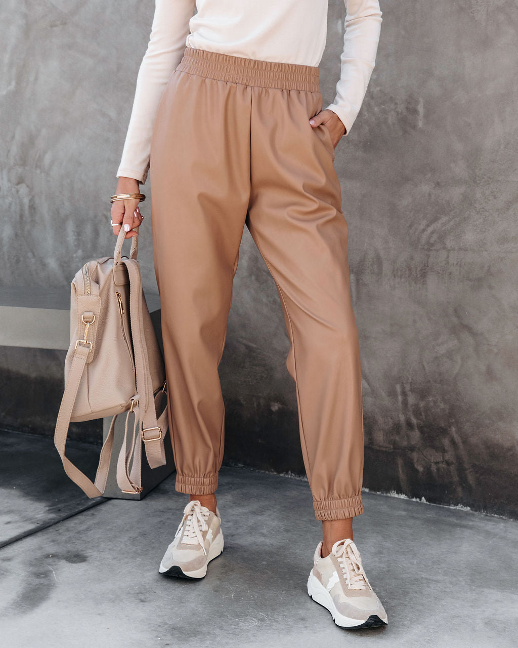 No Limitations Pocketed Faux Leather Jogger Pants - Camel Oshnow