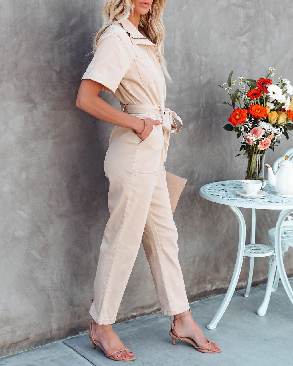 Noora Cotton Pocketed Denim Jumpsuit - Khaki - SALE Oshnow