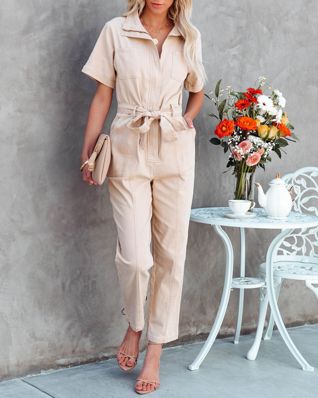 Noora Cotton Pocketed Denim Jumpsuit - Khaki - SALE Oshnow