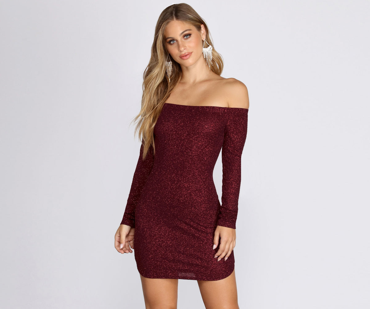 Off Shoulder Long Sleeve Glittering Mini Dress Oshnow