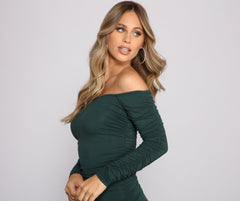 Off the Shoulder Long Sleeve Midi Dress Oshnow