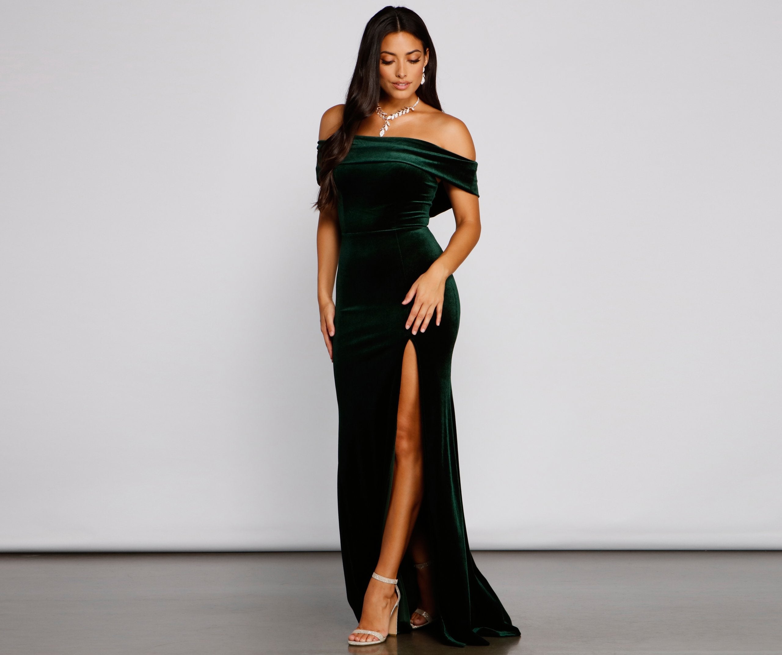 Olivia Formal Velvet Off-The-Shoulder Maxi Dress Oshnow