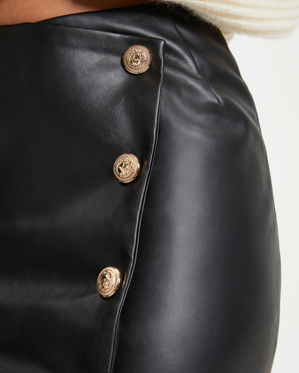 Olivier Faux Leather Gold Button Mini Skirt - Black Oshnow