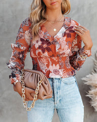 Olsen Printed Smocked Ruffle Crop Blouse Oshnow