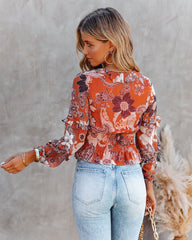 Olsen Printed Smocked Ruffle Crop Blouse Oshnow