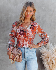 Olsen Printed Smocked Ruffle Crop Blouse Oshnow