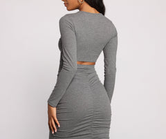 Open Back Ruched Ribbed Knit Midi Dress Oshnow