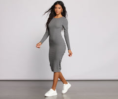 Open Back Ruched Ribbed Knit Midi Dress Oshnow