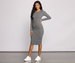 Open Back Ruched Ribbed Knit Midi Dress Oshnow