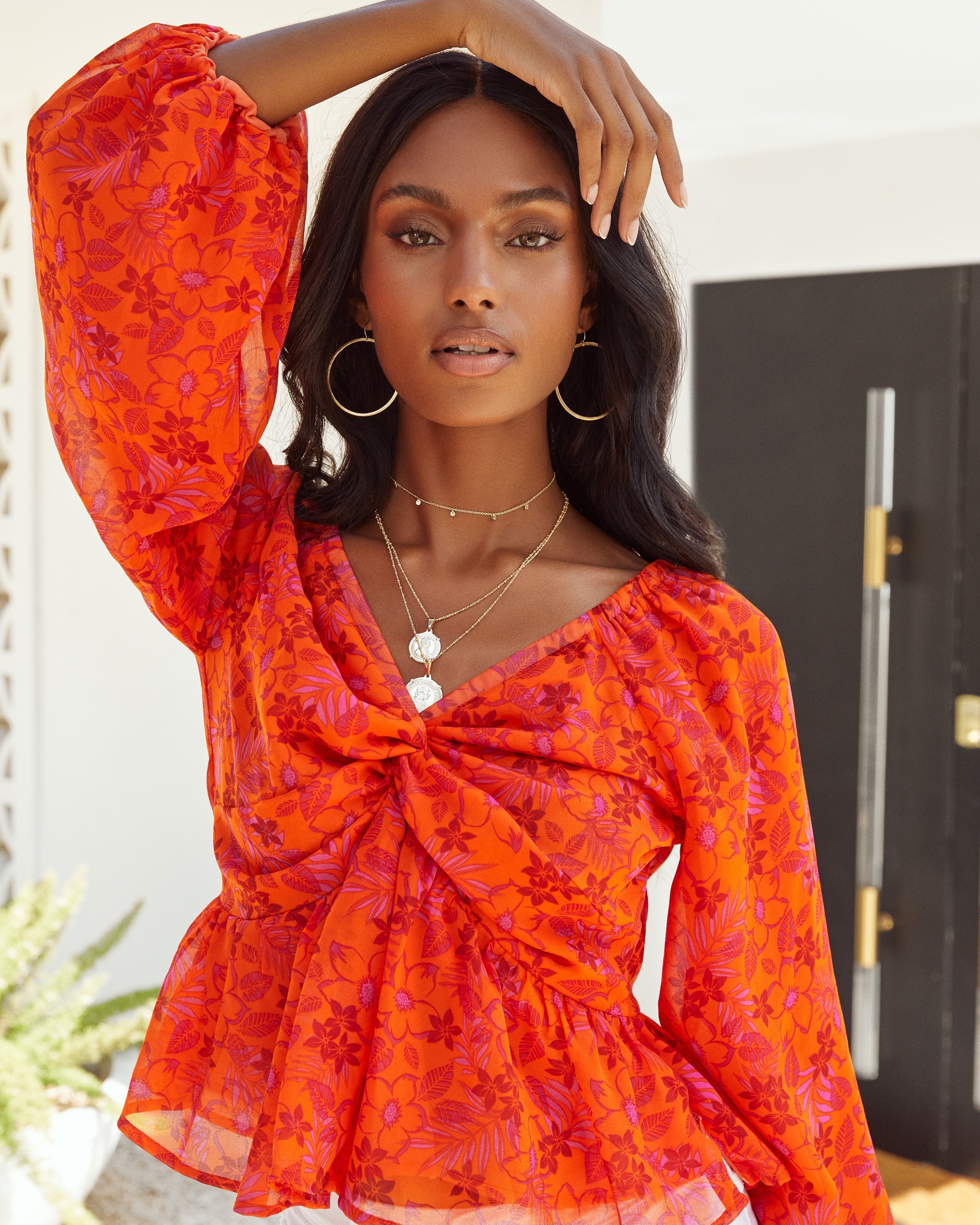 Orange Crush Balloon Sleeve Twist Blouse Oshnow