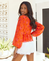 Orange Crush Balloon Sleeve Twist Blouse Oshnow