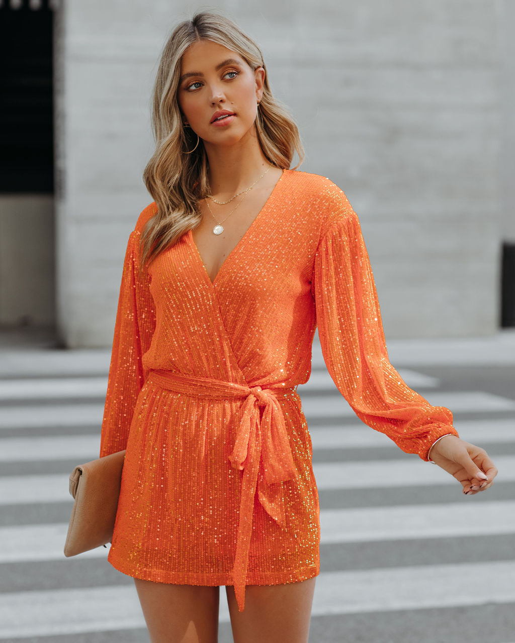 Overnight Sequin Drape Romper - Blazing Orange Oshnow