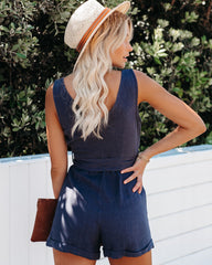 PREORDER - Garner Pocketed Button Down Tie Romper - Navy Oshnow