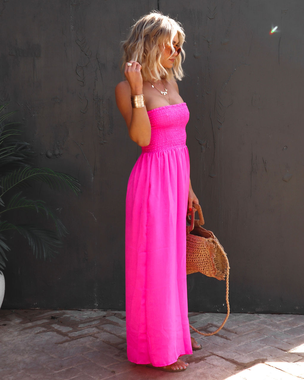 PREORDER - Wynwood Smocked Strapless Pocketed Jumpsuit - Neon Pink Oshnow