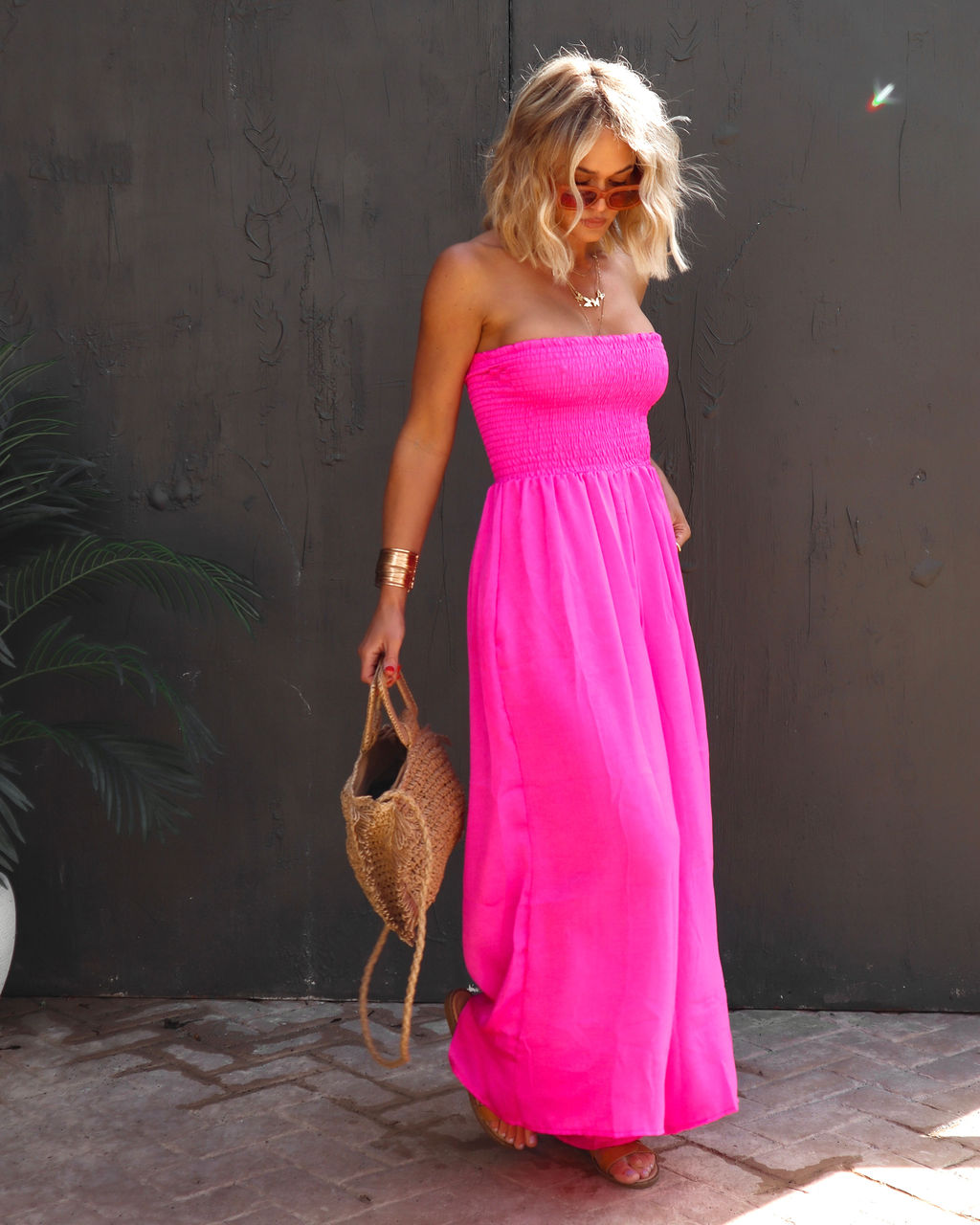 PREORDER - Wynwood Smocked Strapless Pocketed Jumpsuit - Neon Pink Oshnow