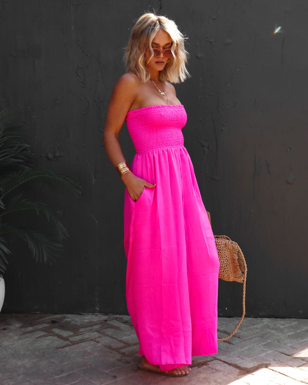 PREORDER - Wynwood Smocked Strapless Pocketed Jumpsuit - Neon Pink Oshnow