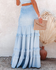 Pace Linen Blend Smocked Tiered Maxi Skirt - Light Blue - SALE Oshnow