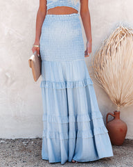 Pace Linen Blend Smocked Tiered Maxi Skirt - Light Blue - SALE Oshnow