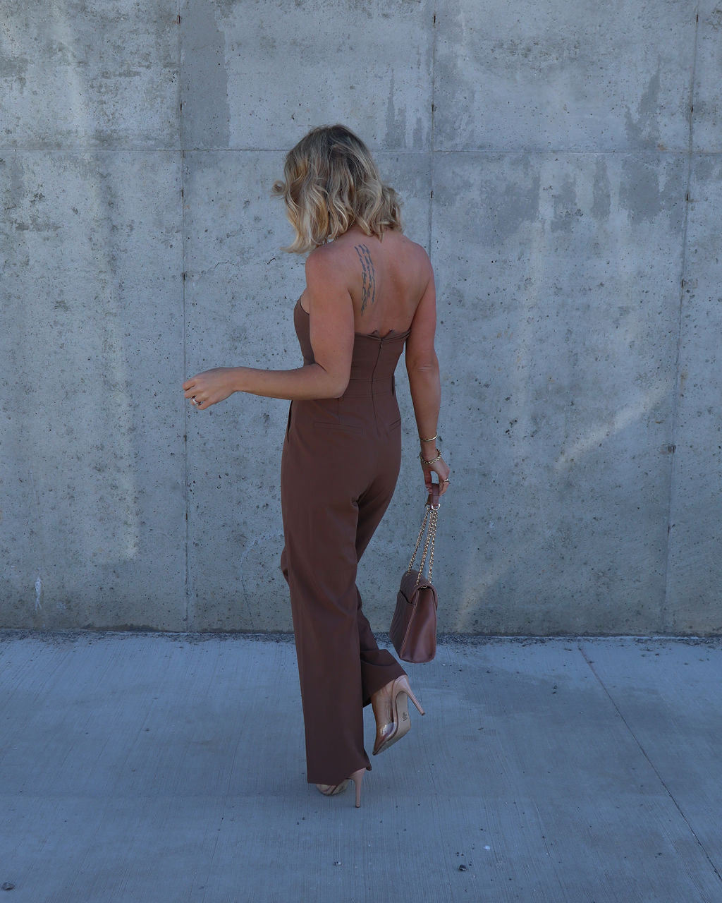 Paige Strapless Pocketed Jumpsuit - Chocolate Oshnow