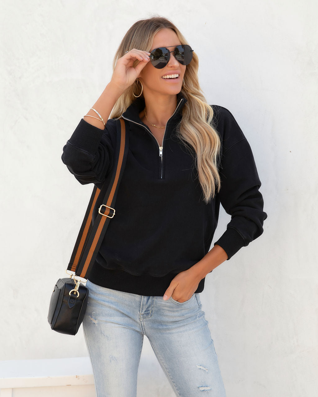 Paigely Cotton Half Zip Pullover - Black Oshnow