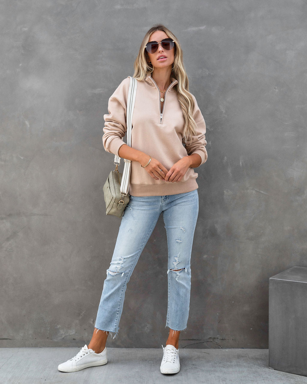 Paigely Cotton Half Zip Pullover - Tan Oshnow