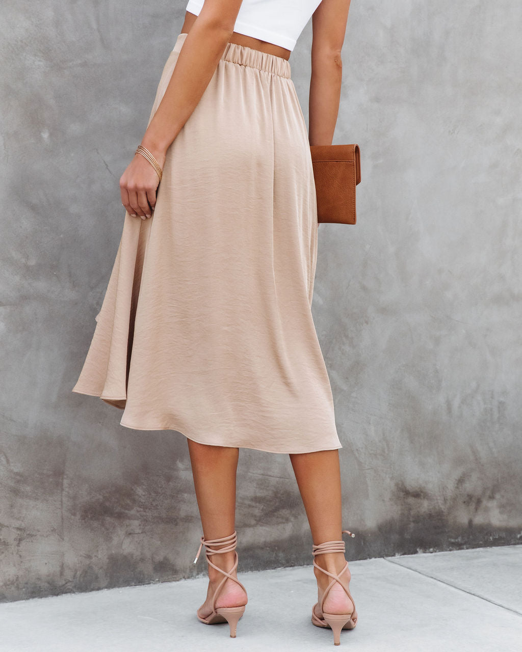 Palmer Satin Ruffle Midi Skirt - Tan Oshnow