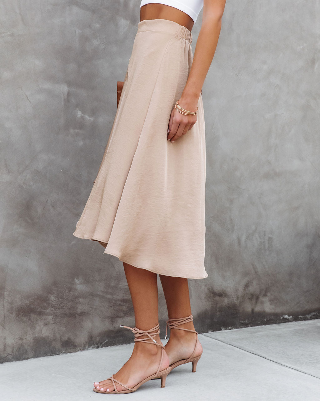 Palmer Satin Ruffle Midi Skirt - Tan Oshnow