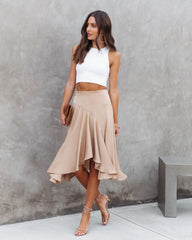 Palmer Satin Ruffle Midi Skirt - Tan Oshnow