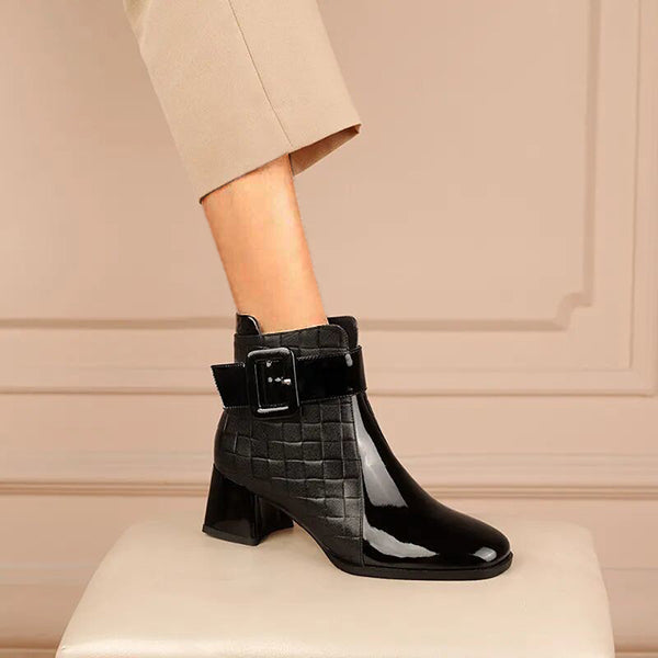 Patent Colorblock Buckle Ankle Booties Oshnow