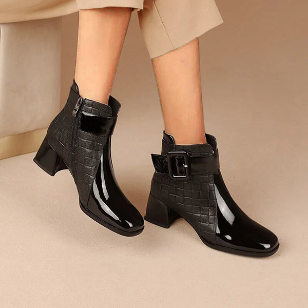 Patent Colorblock Buckle Ankle Booties Oshnow