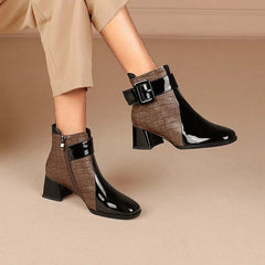 Patent Colorblock Buckle Ankle Booties Oshnow
