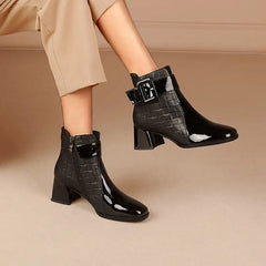 Patent Colorblock Buckle Ankle Booties Oshnow
