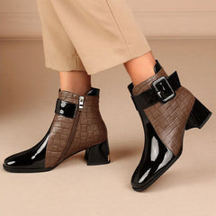 Patent Colorblock Buckle Ankle Booties Oshnow