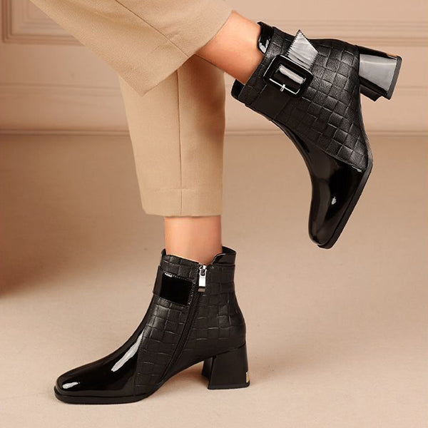 Patent Colorblock Buckle Ankle Booties Oshnow